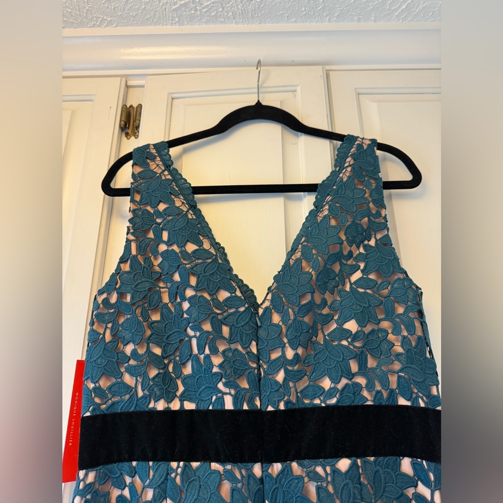 Teal Lace Wide-Leg Jumpsuit with Black Waist - Picture 8 of 11